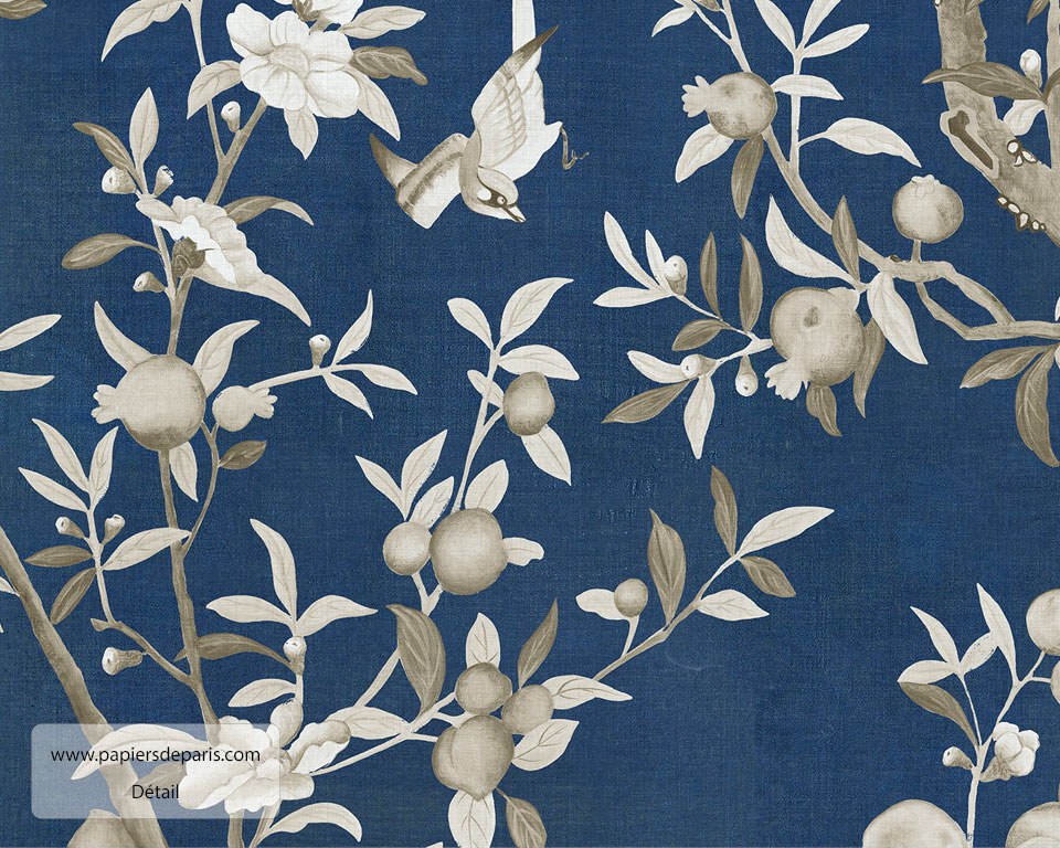 Chinoiserie en grisaille - Bleu de Chine - Papier peint