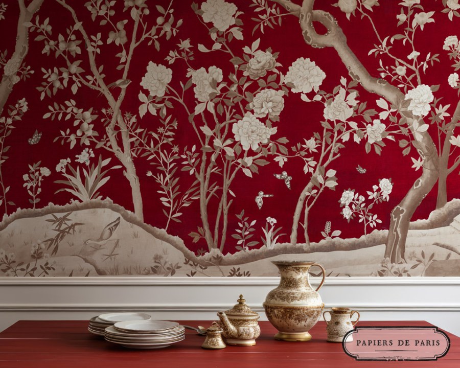 Chinoiserie en grisaille - Rouge Chine - Papier peint